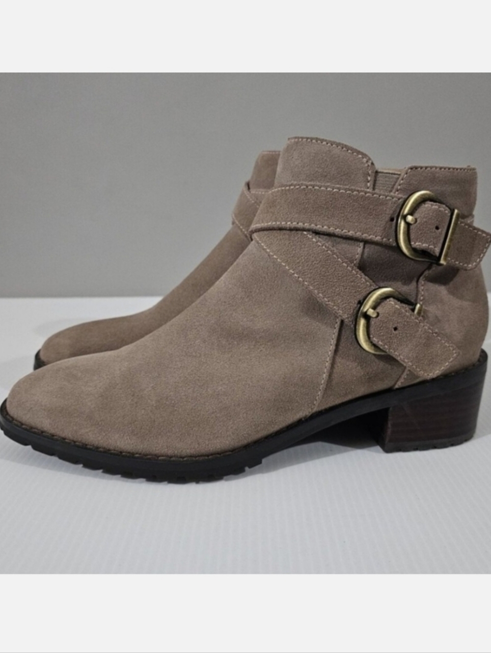 Blondo Shanna Waterproof Moto Ankle Boot Womens 7.5 Taupe Suede Buckle Fall NEW